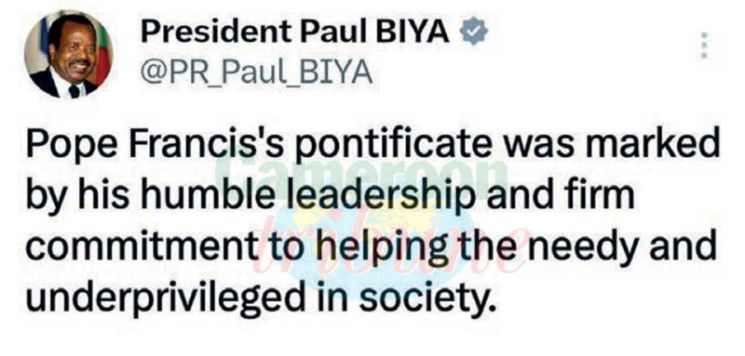 Décès du pape François : Paul Biya salue un leadership d’humilité