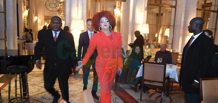 Mrs Chantal Biya leaving Le Meurice Hotel to take part at the Luncheon on the invitation of First Lady of France.