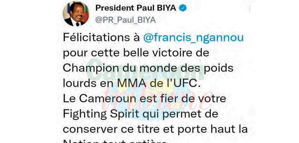 Dans un tweet hier, Paul Biya salue l’esprit de vainqueur de son compatriote pour une victoire qui honore la Nation entière.