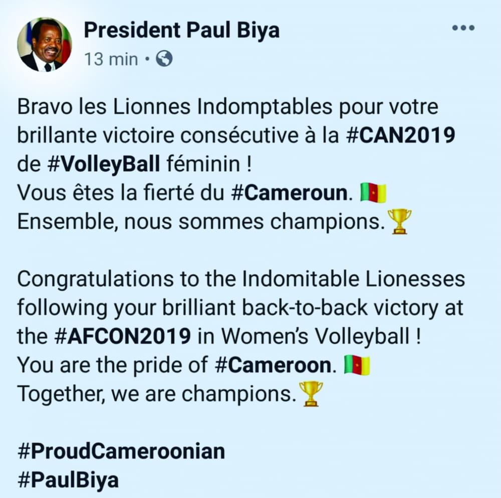 Paul Biya félicite les Lionnes