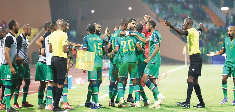 The Comoros celebrating a goal against Ghana.