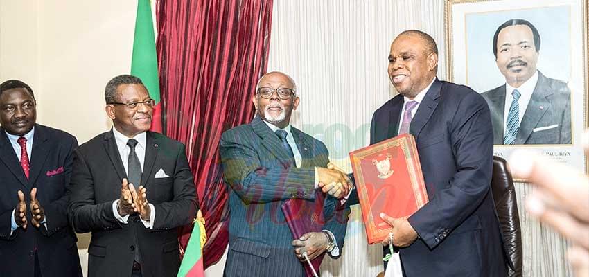 The signing of the headquarters agreement chaired by Prime Minister, Joseph Dion Ngute.