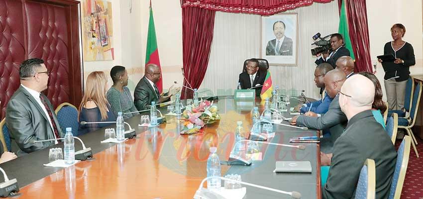 Prime Minister Joseph Dion Ngute receiving the Lead Mission International officials.
