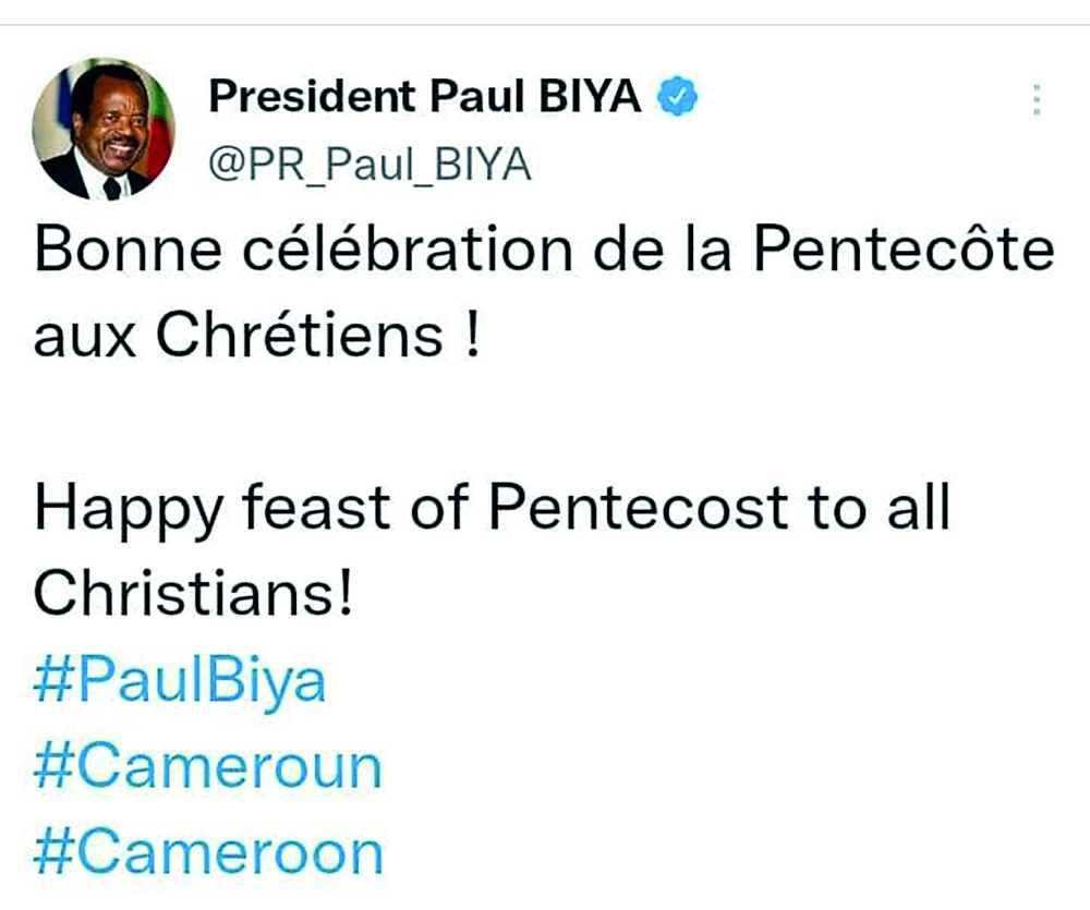 Pentecôte 2022 : Paul Biya de tout cœur avec les chrétiens