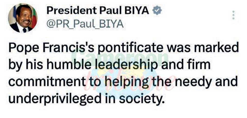 Décès du pape François : Paul Biya salue un leadership d’humilité Décès du pape François : Paul Biya salue un leadership d’humilité