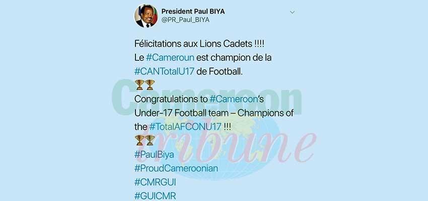 Paul Biya félicite les U17