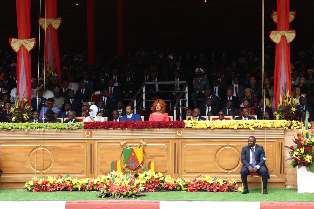 President Paul Biya, First Lady Chantal Biya, and new State dignitaries at the parade in Yaounde.