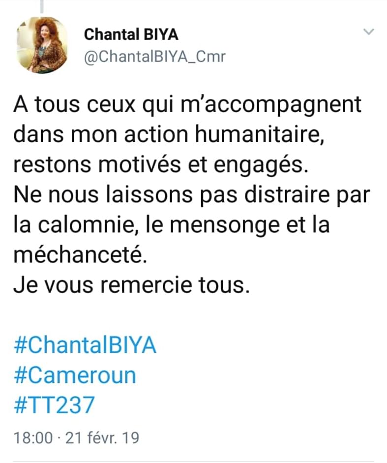 Chantal Biya répond à ses détracteurs