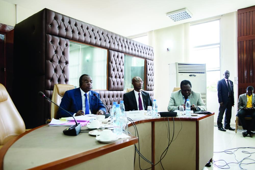 Minister Louis Paul Motaze (L) before the Finance and Budget Committee of the National Assembly.